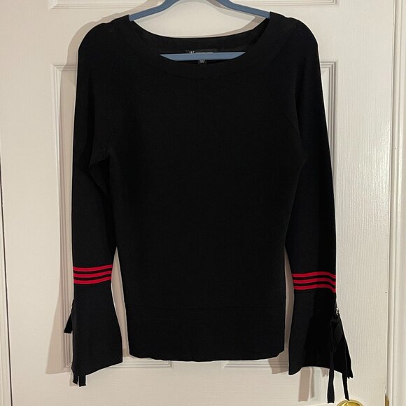 Black Boat Neck Knit Top fancy long sleeves with red stripe detailing size L - Picture 1 of 5